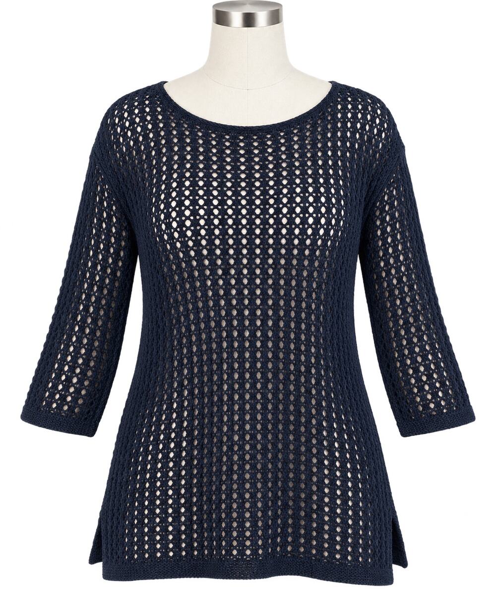 J. Jill Navy Open Knit Mesh Pullover Sweater 3/4 Sleeve - Size S